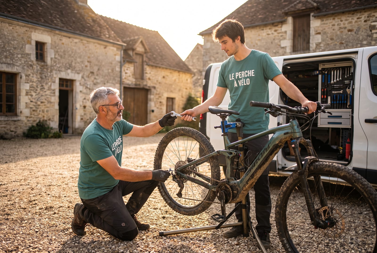 Nicolas et Rémi réparent ensemble un vélo électrique dans une cour du Perche
