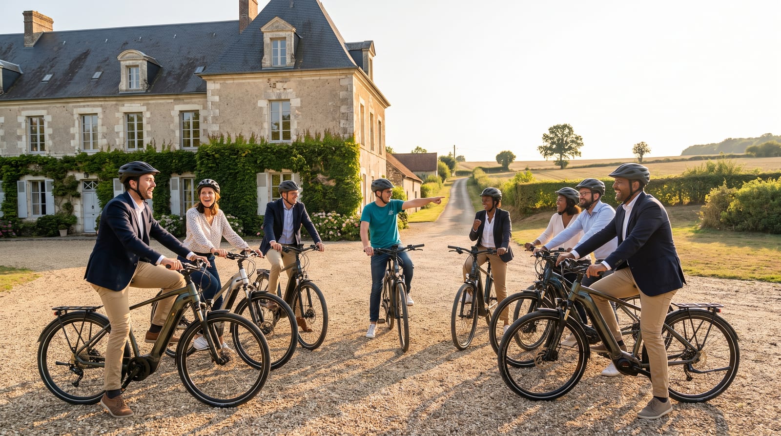 Un séminaire d'entreprise à vélo électrique devant un manoir du Perche